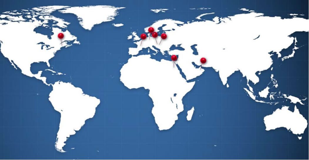 Weltkarte mit roten Markierungen an den Standorten der GSA-Referenzprojekte in Europa, im Nahen Osten und in Asien